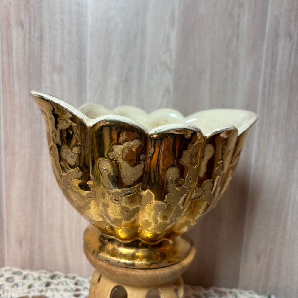 Vintage 24K Plated Weeping Gold Pedestal Bowl Art Vase MCM 50s-60s Made in USA